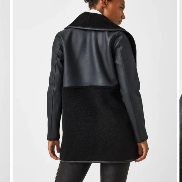 NWT Spanx Fleece Faux Leather Long Wrap Jacket Black Small